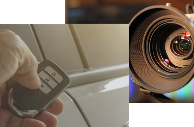 closeup shot of professional video camera and car remote