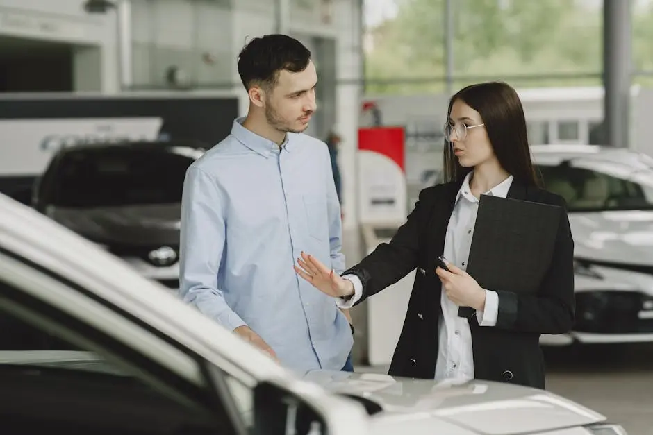 Saleswoman showing car to customer.