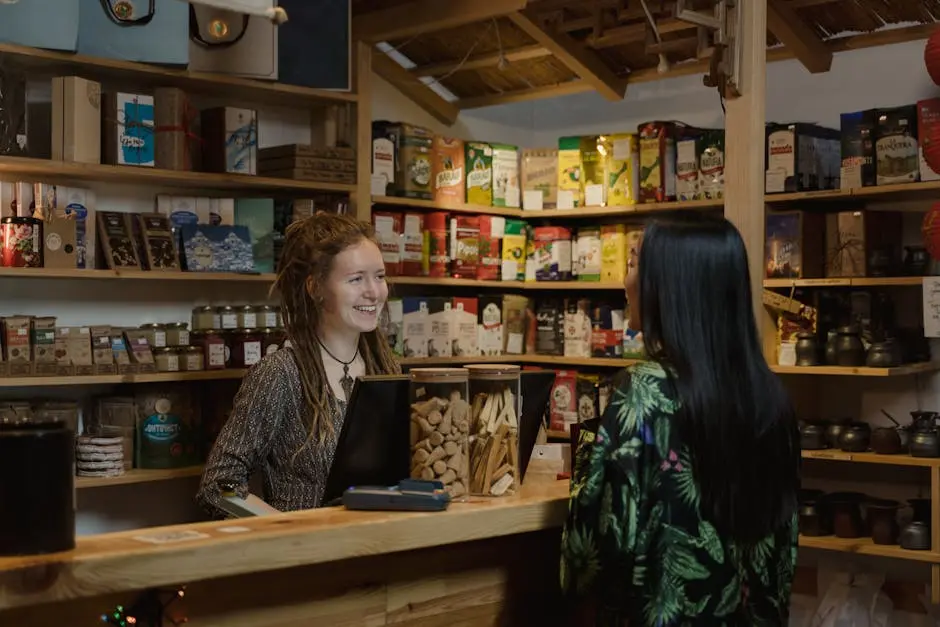 Shopkeeper and customer in cozy store.