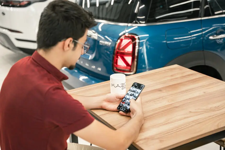 Person using smartphone near parked cars.